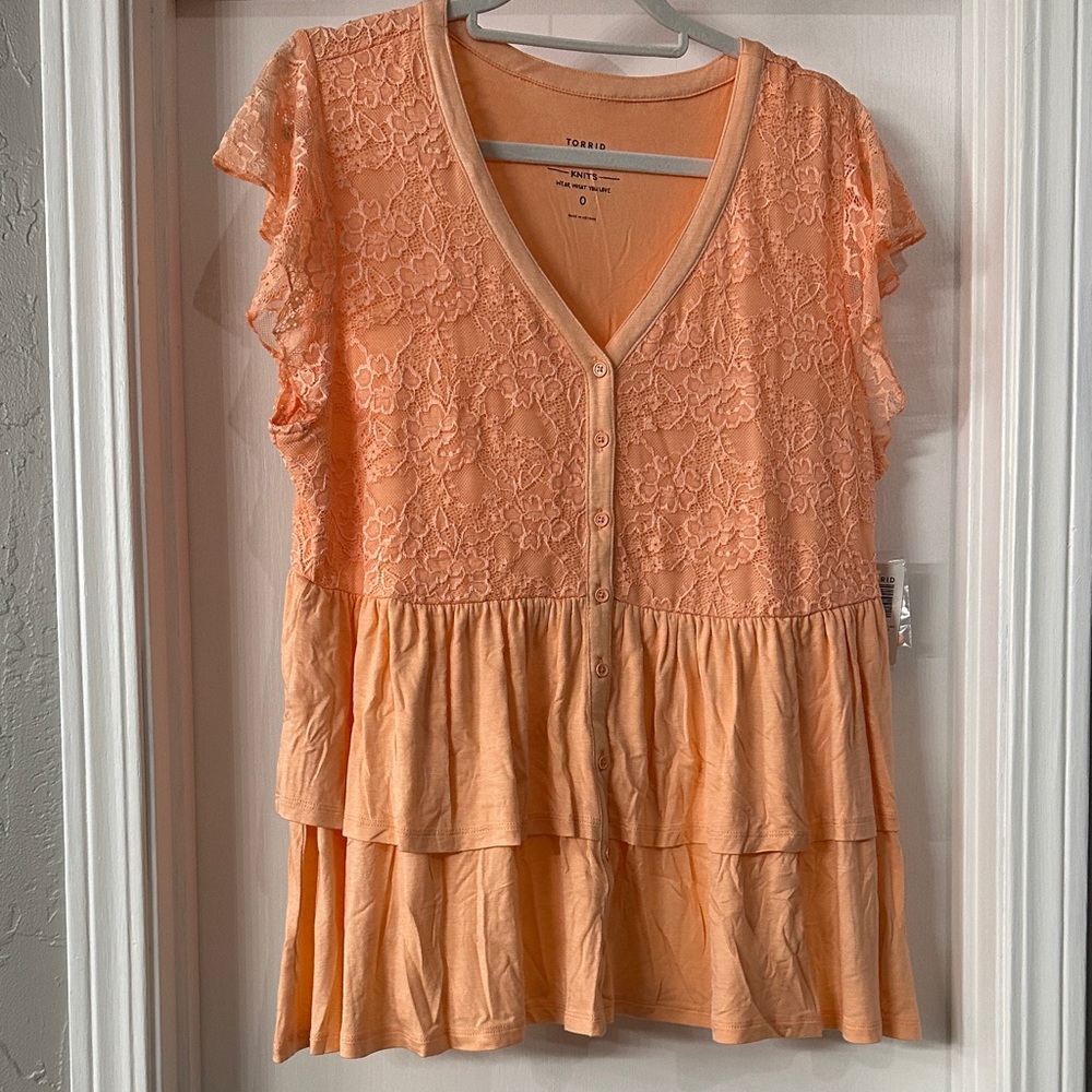 torrid Peach Lace-Tiered V-Neck Button Front Top